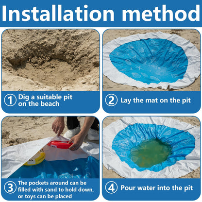 6.5 x 6.5 Feet Baby Beach Pool-Waterproof Kid Pool and Beach Blanket-2 in 1 PVC Toddler Paddling Pool for Infant Kids Boys and Girls