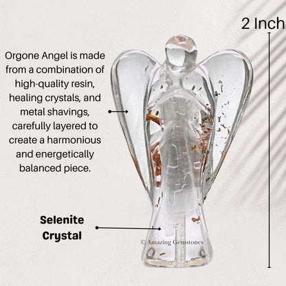 Amazing Gemstone Selenite Guardian Angel Figurine Pocket Crystal Angel for Protection - Orgone Guardian Angel with Orgonite Layer and Natural Crystal for Healing Gift (2 Inch, Organite)