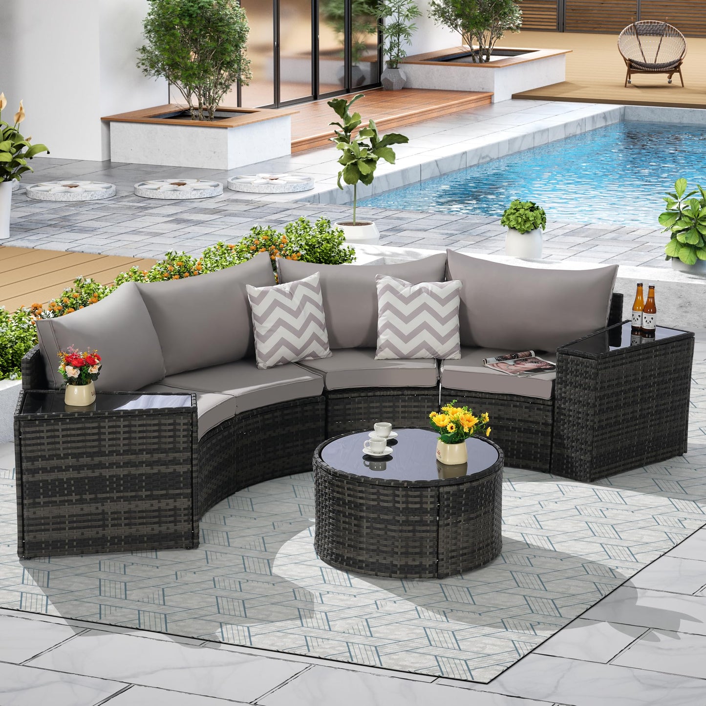 KEIKI 7-Piece Half-Moon Outdoor Patio Furniture Set, Rattan Patio Conversation Set with Coffee Table & 2 Sofa Side Table & 4 Curved Armless Sofa, Wicker Curved Sectional Sofa Set, for Backyard, Gray
