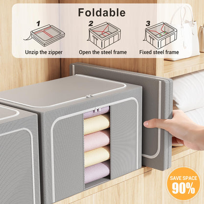 LeArex Clothes Storage Bins with Metal Frame Foldable Storage Box Clothes Organizers Storage Containers for Clothes Sheets Blankets Books Toys Gifts and Holiday Decorations (100Lx3 Pack)