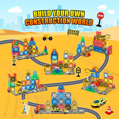 Magnetic Tiles - Construction Toys, Road Set Outdoor Travel Toys with Magnetic Crane & Car for Boys Age 3-5 4-8 8-10, Mini Magnet Building Blocks with Crane, Road, Traffic Lights, STEM Sensory Gifts