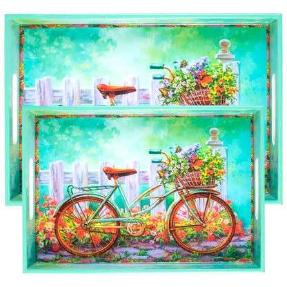 Crocon Wooden Serving Tray with Handles – Set of 2 Rectangular Trays – Cycle Print Decorative Trays for Coffee Table, Kitchen, and Home Décor
