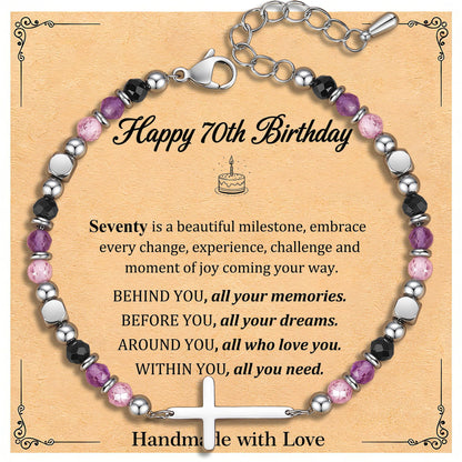 70th Birthday Gifts for Women, 70th Birthday Decorations, Dainty Christian Cross Bracelet – Adjustable Anxiety Relief Friendship Jewelry for Friend, Sister, Mom