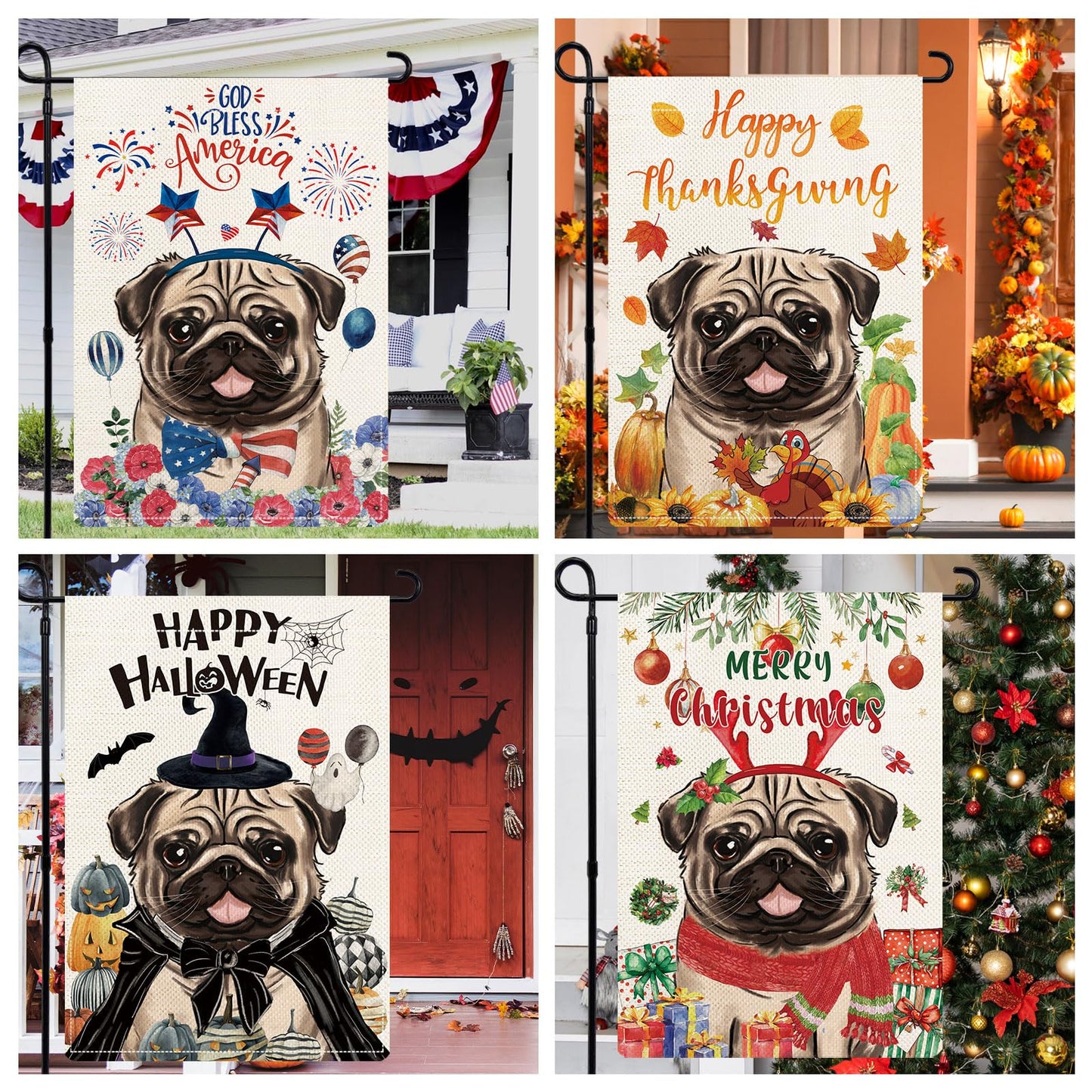 YOVOYOA Pug Garden Flags for Outside Set of 12, Dog Welcome Seasonal Garden Flags 12x18 Double Sided for All Seasons and Holidays, Spring Summer Yard Lawn Flag for Outdoor Decor, Pug Decor