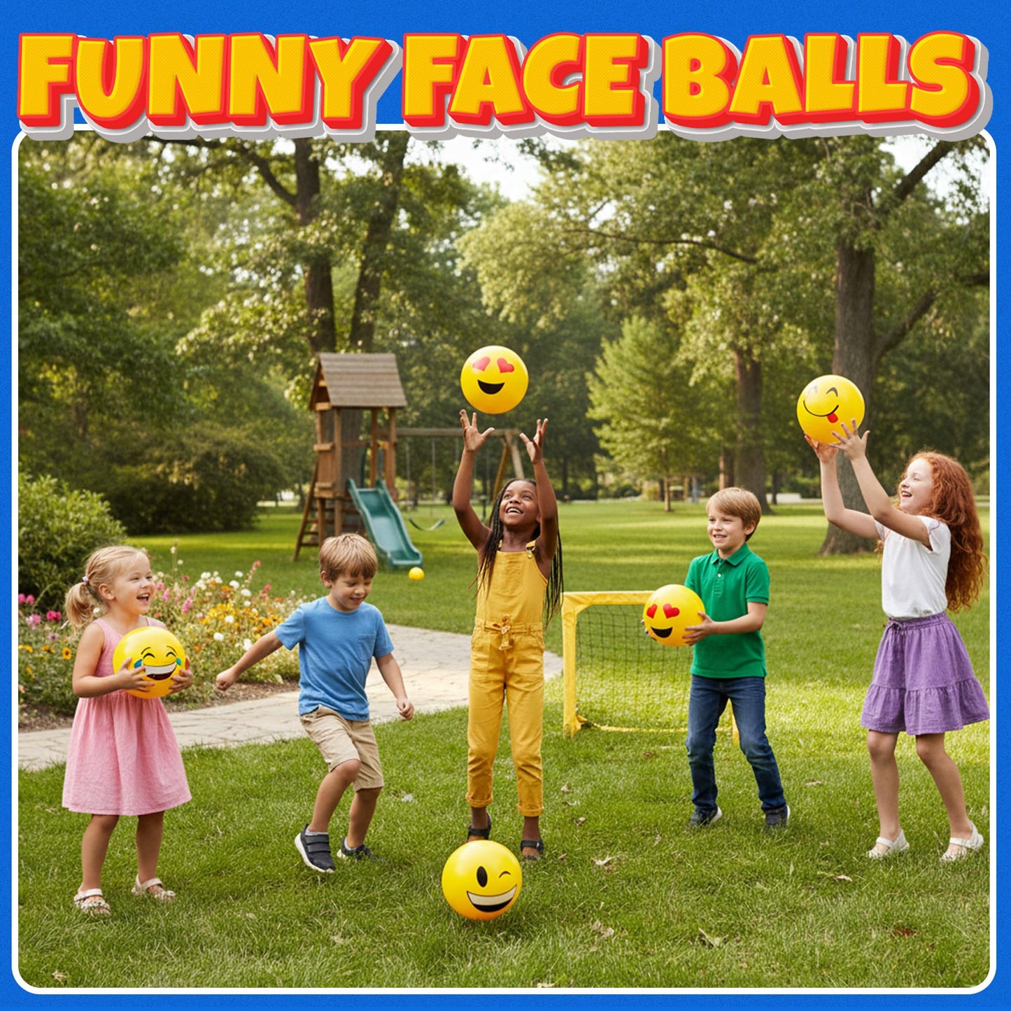 KiddieLoot 8.5-Inch Happy Face Bouncing Balls for Kids & Toddlers (Pack of 5) - Playground Balls w/ 5 Fun Designs - Lightweight Play Bouncy Ball for Boys & Girls