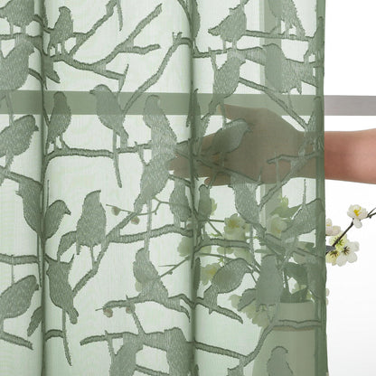 OVZME Sage Green Sheer Curtains 63 Inch Length 2 Panel Set, Light Filtering Bedroom Curtains with Dual Rod Pocket Top, Leaf Bird Clip Jacquard Sheer Farmhouse Window Drapes for Living Room, 2x38Wx63L