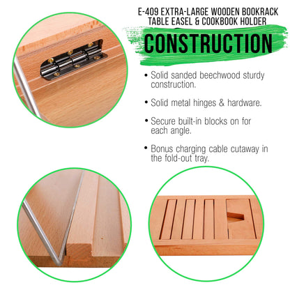 U.S. Art Supply Large Wooden Table Easel - Adjustable Incline, 2 Page Holders - Functions as Wooden Cookbook Stand, Kitchen Countertop Recipe Rack, Tablet Rest & Cook Book Holder for Kitchen Counter