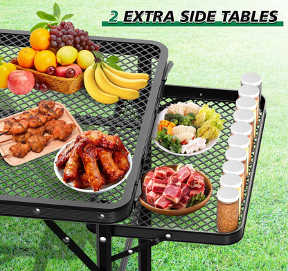 Folding Camping Table with 2 Extra Desktop, Height Adjustable Portable Grill Table, Metal Outdoor Grill Table for Outside, Camping Cooking Tables for Picnic, BBQ, 53.14 x 26.6 x 23.6 inches Large Size