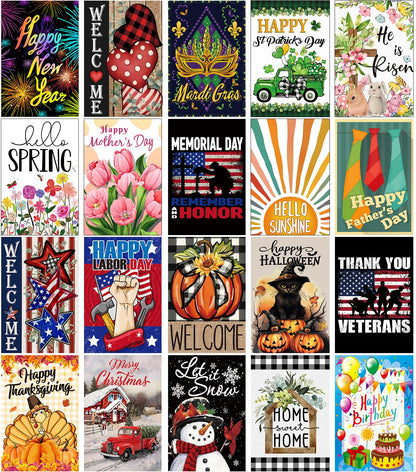 20 Pack Seasonal Garden Flags Set Double Sided 12x18 Inch Small Yard Flags, Holiday Seasonal Garden Flag for Outside Decoration for All Year Round