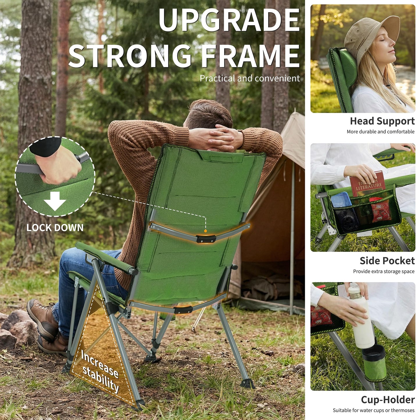 Anmiro Folding Camping Chair with Cup Holder and Storage Bag, Heavy Duty Support 400 LBS, Oversized Collapsible Portable Adjustable Back Support Camping Chair for Outdoor Lawn Patio Balcony