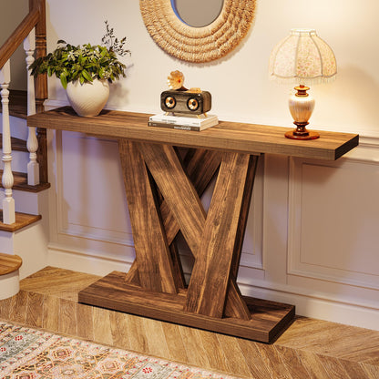 Tribesigns 55-Inch Farmhouse Console Table, Farmhouse Behind The Couch Table TV Stand with Geometric Base, Skinny Sofa Table Entryway Table for Entrance, Living Room, Hallway, Foyer, Rustic Brown