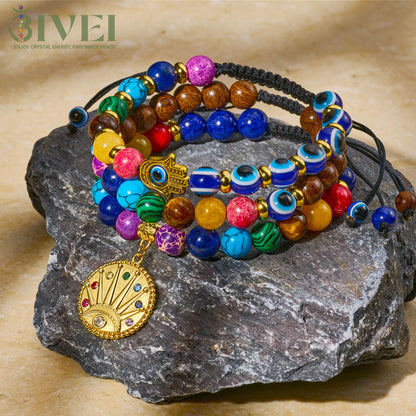 Bivei Evil Eye Bracelet Natural Semi Precious Gemstone Beads 7 Chakra Crystal Stone Beaded Adjustable Braided Bracelets for Women Men Yoga Meditation(Evil Eye)