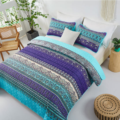 WONGS BEDDING Boho Queen Quilt Set, Blue Purple Bohemian Queen Quilt Bedding Set, Lightweight Microfiber Bed Decor Bedspread for All Season 96"x90"(3 Pieces)