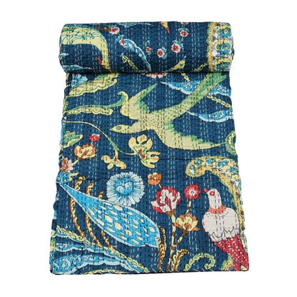 Marubhumi Indian Handmade Traditional Unique Print Kantha Quilt Throw Blanket Bespread Hand Stitched with Love (Navy, Queen (90"x 108"))