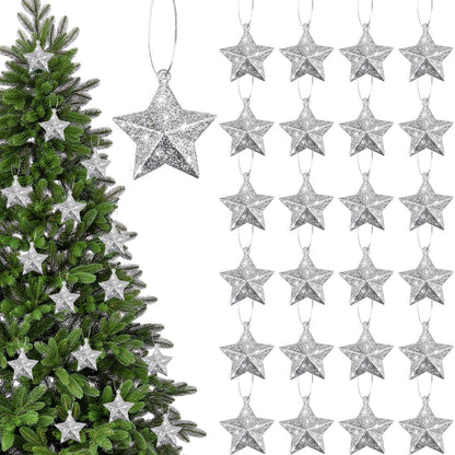 Shappy 48 Pcs Glitter Star Ornaments Christmas Tree Mini Hanging Stars Christmas Decorations Plastic Festive Embellishments for Holiday Party Weddings Home Decoration (Silver)