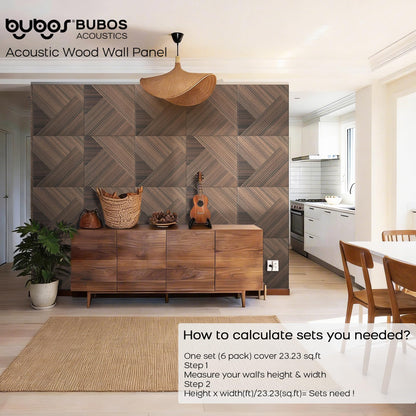 BUBOS 6 Pack Acoustic Wood Wall Panels, 23.6x23.6 Inch Sound Absorbing Tiles with Full Adhesive Backing, Decorative Peel and Stick Panels for Home Office, Living Room and Studio(Red Brown Walnut)