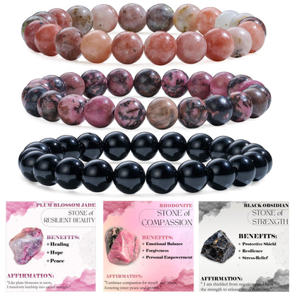 Bivei 3-Piece 8mm Beaded Bracelets for Women – Plum Blossom Jade, Rhodonite, Black Obsidian – Handmade Natural Crystal Stretch Elastic Jewelry for Meditation, Yoga, Protection Gifts