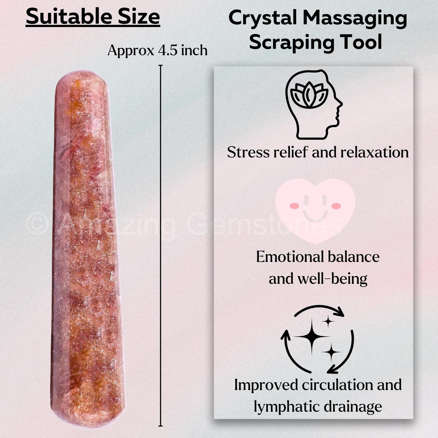 Amazing Gemstone Strawberry Quartz Crystal Wand Massage Stick - Pelvic Wand Gua Sha for Adults - Crystals and Healing Stones Massage Wands for Adults Gifts (Smooth)