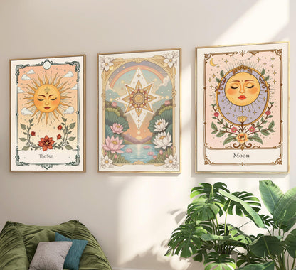 3pcs Sun And Moon Celestial Canvas wall art Tarot Astrology Paintings Pictures Wall Decor Boho Lotus Floral Posters Prints Artwork for Living Room Bedroom Dorm Apartment Home Decoration Unframed