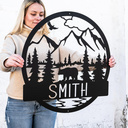 Outdoor Bear Personalized Metal Sign | Cabin Decor | Door Monogram | Rustic Decor | Custom Name Sign