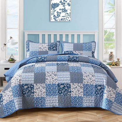 Mybedsoul Blue Boho Quilt Set Queen Size,3 Pieces Plaid Floral Bedspread Coverlet Set for All Season,Patchwork Reversible Bedding Set Queen 90"x96"