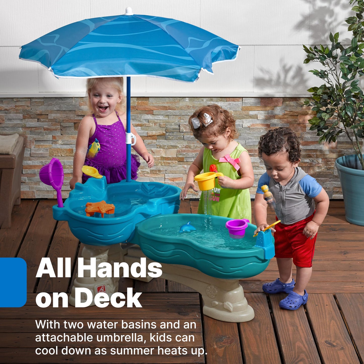 Step 2 Spill & Splash Seaway Water Table for Kids, Two-Tier Outdoor Kids Water Sensory Table with Umbrella, Ages 1.5+ Years Old, 11 Piece Water Toy Accessories