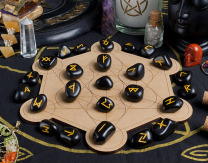 Crocon Black Obsidian Rune Stones Set Engraved with Elder futhark Crystal Runes Set, Reiki Healing runas for Meditation Chakra Balancing, Rune Stone for Beginners with Crystal Guide & Pouch |15-20 mm