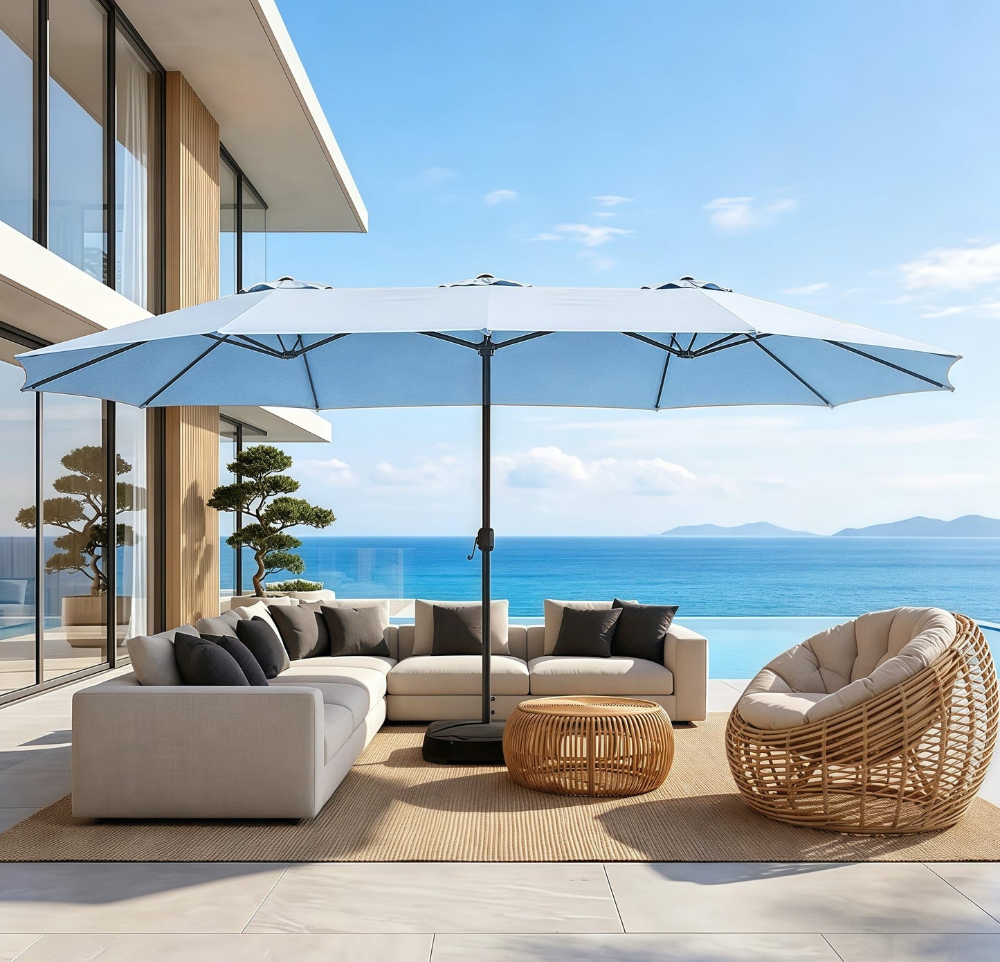 Bigroof 15ft Patio Umbrella with Base, Large Outdoor Double-Sided Market Umbrella with Terylene Polyester Fabric and Crank for Poolside Garden Deck Backyard Beach Pools, Light Blue