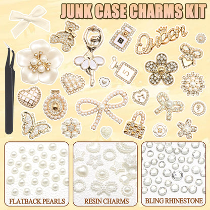 BELICEY Junk Case Charms Elegant Flower Butterfly Charm for Phone Case 3D Bow Heart Bear Junk Phone Case Kit Flatback Pearls Rhinestone for Customizing DIY Craft Accessories