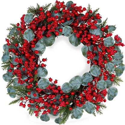 WSTPUPU Artificial Christmas Wreath 22inch Christmas Wreaths for Front Door Xmas Red Berry Wreath with Eucalyptus Leaves Pine Needles Red Berries for Wall Farmhouse Window Winter Holidays