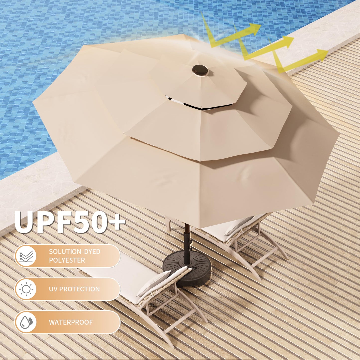 Ayge 9FT 3-Tier Large Outdoor Patio Umbrella Market Table Umbrella-UV Resistant,Easy Push Button Tilt and Crank,8 Sturdy Fiberglass Ribs Heavy-Duty Pool Umbrella for Deck,Backyard,Garden,Yard,Beige