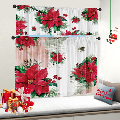 Deztibos Christmas Poinsettia Curtain Valances Set - Upper & Lower Curtains, 52'' L x 18'' W & 36'' L x 26'' W, Kitchen Windows Decor, 3 Piece Set, Red