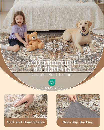 Madane Runner Rug 2x8, Washable Hallway Runner Rugs, Non-Slip Low-Pile Soft Kitchen Rug Runner Laundry Room Rug, Vintage Throw Entry Foyer Mat for Entrance Living Room (Turmeric/Grey, 2 x 8)