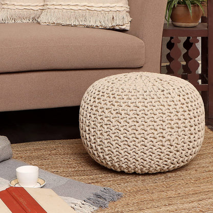 REDEARTH · Round Pouf Ottoman - Cable Knitted Boho Poof - Home Décor Cord Pouffe Handmade Circular Footrest for Living Room - Bedroom - Kids Bedroom - 100% Cotton Pouf (18" x 18" x 14") - Ivory