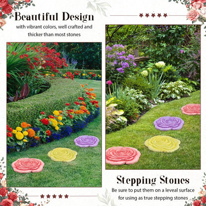 Cinnvoice 3 Pack Garden Stepping Stone Outdoor, Decorative Dimensional Resin Stepping Stones for Patio Pathway Landscaping Walkway Sculpture Yard Backyard Lawn(Rose,10 Inches)
