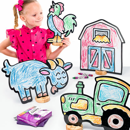 DoodleFace Farm Companion Toy Set for Kids: Color, Play, Wipe Away with Crayons and Eraser. Educational Reusable Coloring Toy with Barn, Goat, Rooster, Tractor.