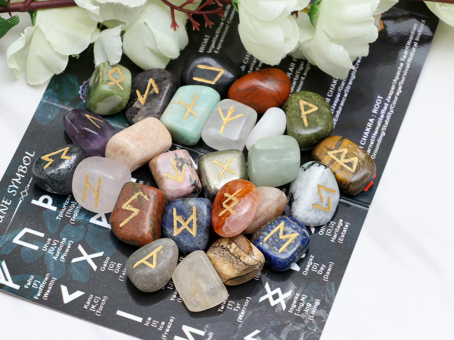 Crocon Rune Stones Sets 25 pcs Mix Chakra for Beginners with Elder Futhark Alphabets for Healing Chakra Crystals Reiki feng Shui Gemstone Runes Set Size: 15-20 mm with a Pouch & Rune brochure