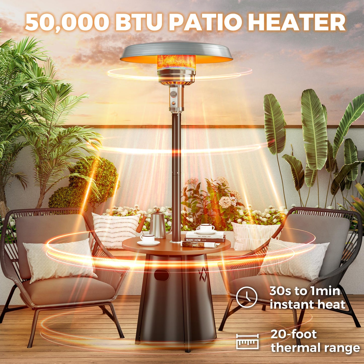 Pamapic 50,000 BTU Outdoor Heaters for Patio with Round Table Design, Premium 304 Stainless Steel Burner, Triple Protection System Propane Patio Heater for Porch Garden, Residential & Commercial Use
