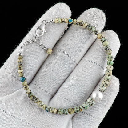 CRYSTALIS Natural K2 Jasper Beads Adjustable Bracelet with Elegant Pearl, High Grade Gemstones, Chakra Healing Stones, Gift Giving Jewelry, 925 Sterling Silver Womens Bracelet 8 inch