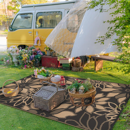 GENIMO Outdoor Rug Waterproof for Patio Decor, 5' x 8' Reversible Plastic Straw Floral Camping Carpet, Large Area Rugs Mats for RV, Camper, Deck, Balcony, Porch, Beach, Picnic, Black & Brown