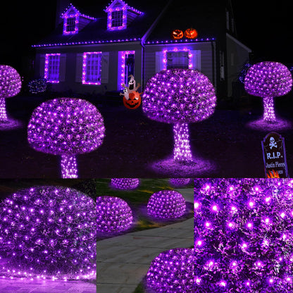 WBao Halloween Lights Outdoor 200LED F8 Big Bulbs, 8.4ft x 5.2ft Halloween Net Lights with 8 Modes, Timer, Connectable, Waterproof & Dark Green Wire for Lawn, Bushes, Trees Outdoor Decorations, Purple