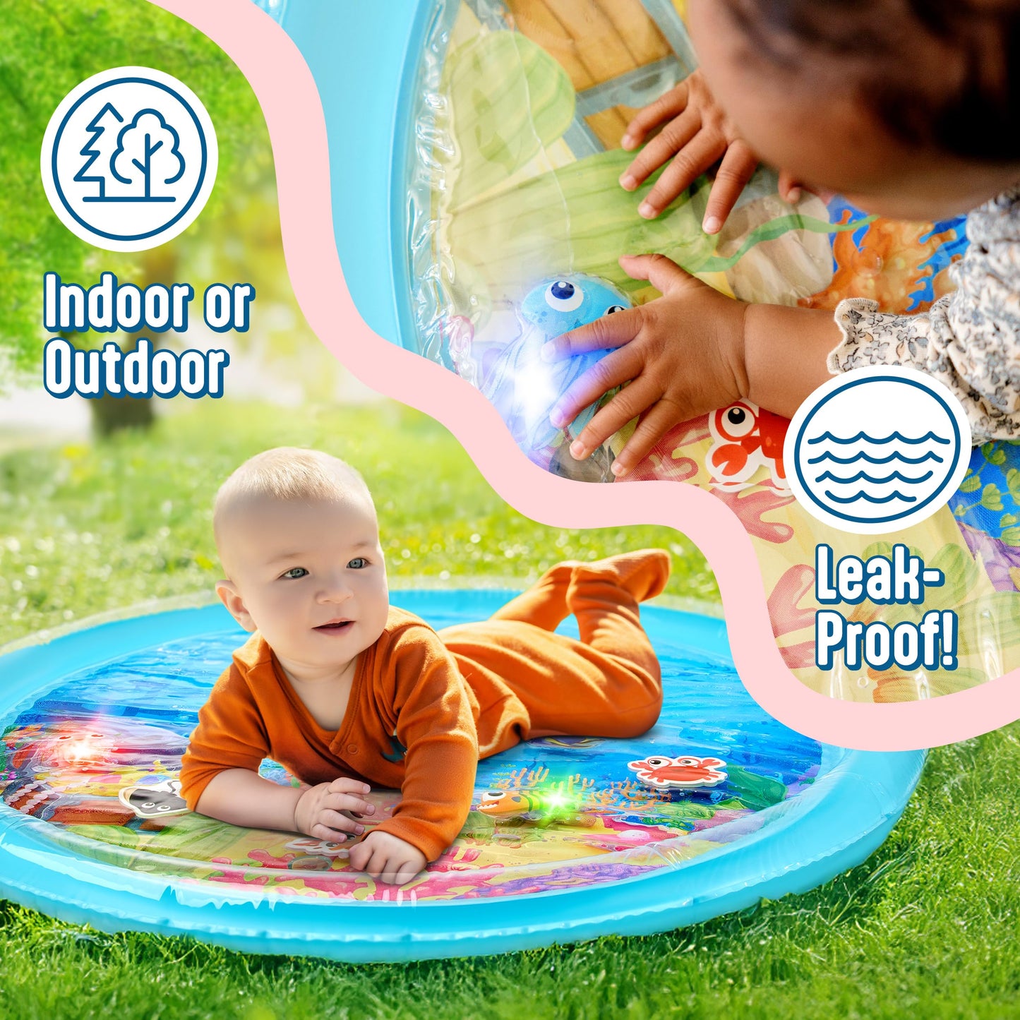 SplashEZ Lights Up Tummy Time Water Mat for Babies, 30" X-Large Baby Water Mat Tummy Time for Sensory Play with LED Glowing Fishes, Inflatable Fun Play Pad for Infants & Toddlers 3 to 36 mo