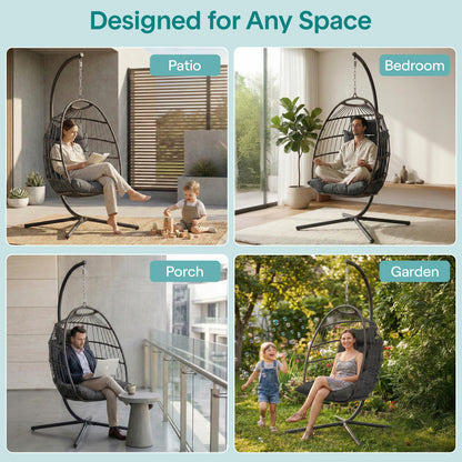 SereneLife Hanging Egg Chair with Stand - Wicker Rattan Outdoor Swing Chair, Powder-Coated Steel Frame, Padded Cushion & Headrest - Ideal Swinging Chair for Bedroom, Patio, Backyard - 350 lbs Load