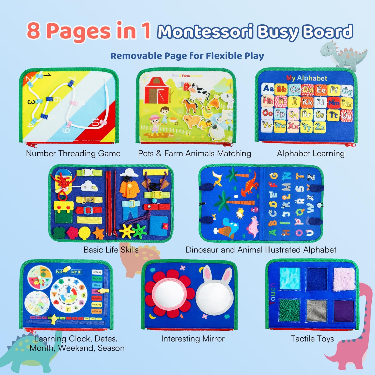 Tilhumt 8 in 1 Busy Book for Toddler 1-3, Montessori Boy Board with Storage Bag for Travel Quiet Learning Sensory Toys, Felt Busy Book for Baby Educational Gift Activities Fine Motor Skills