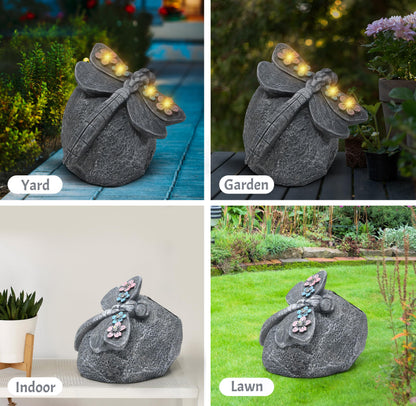 Gift Boutique Solar LED Dragonfly Garden Statue with Lights, Outdoor Resin Rock Decor for Patio Lawn Yard Pathway Flower Bed Decoration