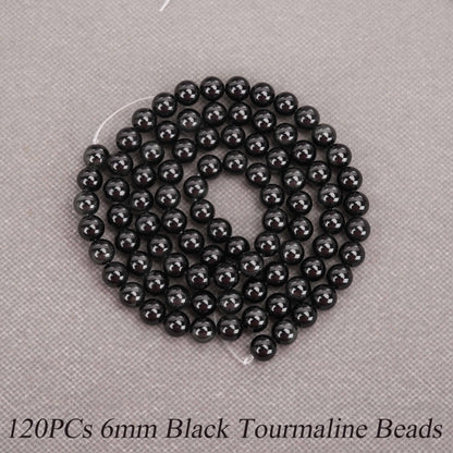 Aurehen Natural Gemstone Beads with Thread Needle Card as Complete Jewelry Making Kit, 120PCS 6mm Round Loose Energy Stone Spacer Beads, Smooth Healing Crystals for DIY Crafts (Black Tourmaline)
