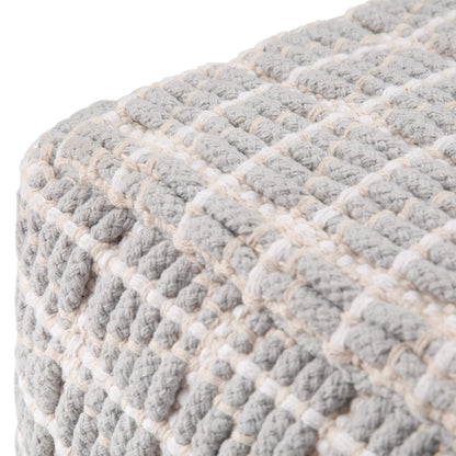 SIMPLIHOME Noreen Square Pouf - 18 inch Wide Upholstered Handwoven Cotton Ottoman in Light Blue and White, Boho Footstool or Extra Seating for Living Room with Polystyrene Filling, Assembled