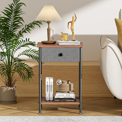 VECELO End Tables, Modern Nightstand with Fabric Drawer & Open Shelf, Night Stand for Bedroom Living Room, Industrial Metal Frame, Easy Assembly, Rustic Brown,1 Pack