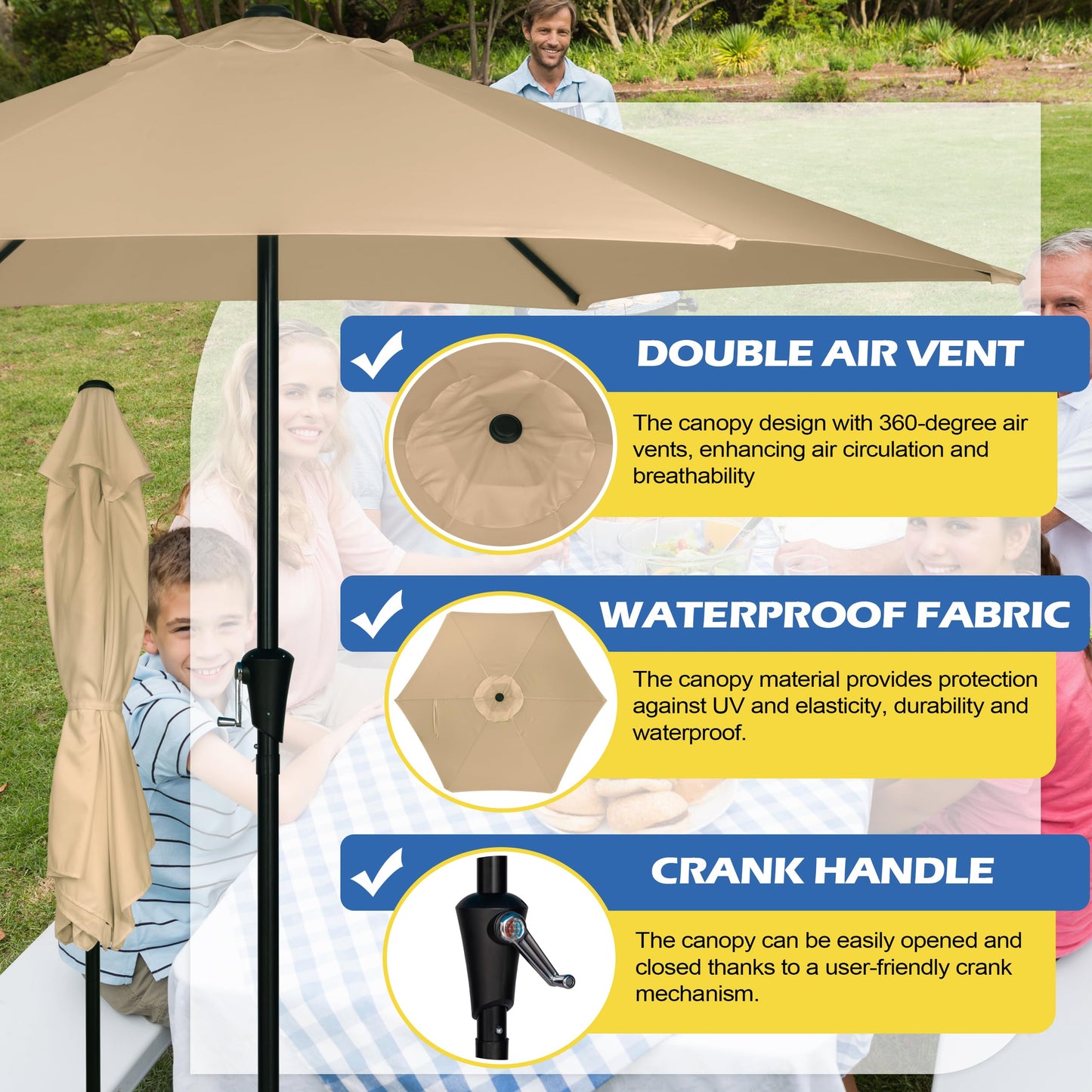 Sunnyglade 9FT Outdoor Patio Umbrella, Market & Table Umbrella with 6 Sturdy Ribs and Crank System, Fade-resistant & Waterproof for Garden Backyard Poolside Deck (Tan, 9FT)