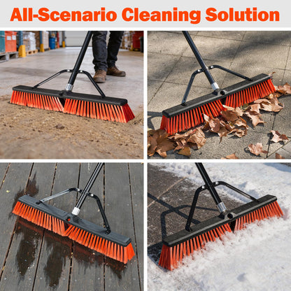 JEHONN 24” Wide Push Broom Outdoor Heavy Duty with 63 inches Long Handle, Stiff Bristle Commercial Industrial Brush for Garage Warehouse Shop Garden Patio Deck Yard Street (Red)